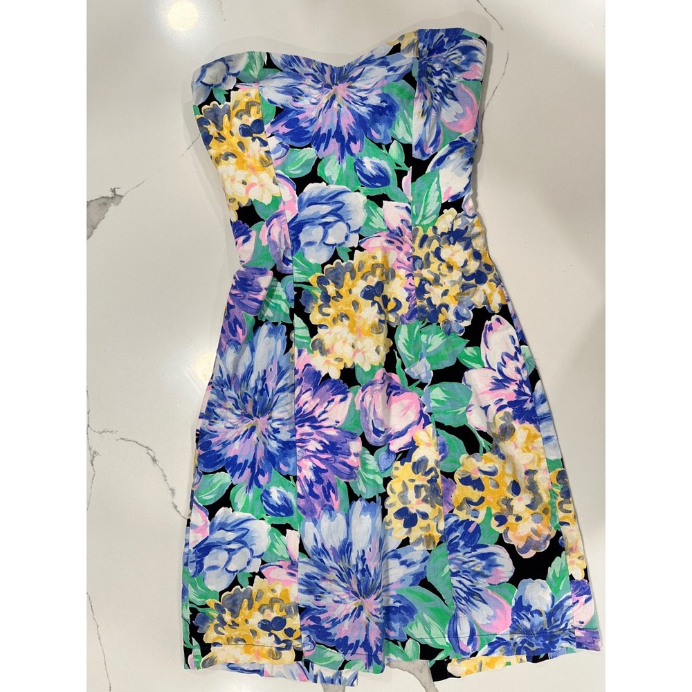 Moda International Vintage 90s Floral Strapless‎ Mini Dress Cotton Sz 6 Made USA